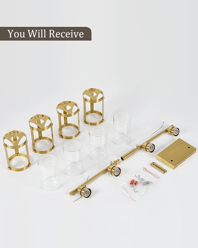 4-Light Brushed Gold Bathroom Light Fixtures with Clear Glass and Metal Cage, 29 Inch Modern Brass Vanity Lighting Over Mirror Wall Sconce Lights for Bath, E26, Rust-Proof, OS-3014BG-4W