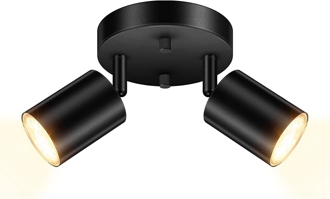 AUQUEE LED 2 Light Track Lighting Kit, LED Track Lighting Fixtures, Black Round Ceiling Spot Lighting, Flexibly Rotatable Light Head for Kitchen, Living Room, Bedroom, GU10 Bulb Not Included