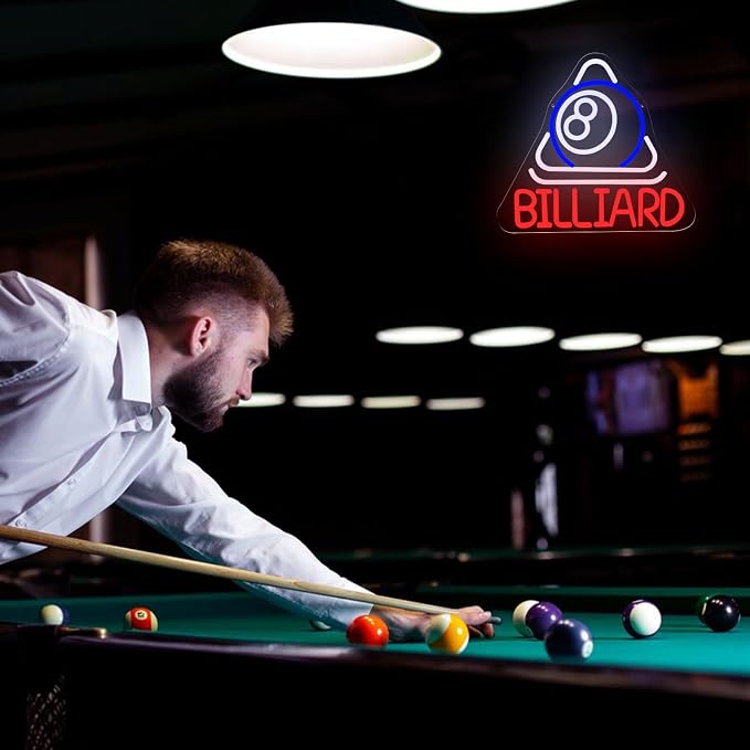 Billiard Neon Sign Pool Table Wall Decor LED Lights for Pool Room Decor | Dimmable USB Powered LED Sign for Bar Man Cave Club Pub Basement Arcade Room Decoration Billiards Lover Pool Hall Wall Decor