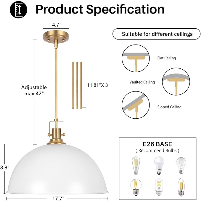 LamQee 18 Inch White and Gold Large Pendant Light Kitchen Island, Farmhouse Modern Dome Pendant Light Fixtures Ceiling Hanging Lighting Chandelier for Dining Room Over Table, Bar, Hallway, Entryway