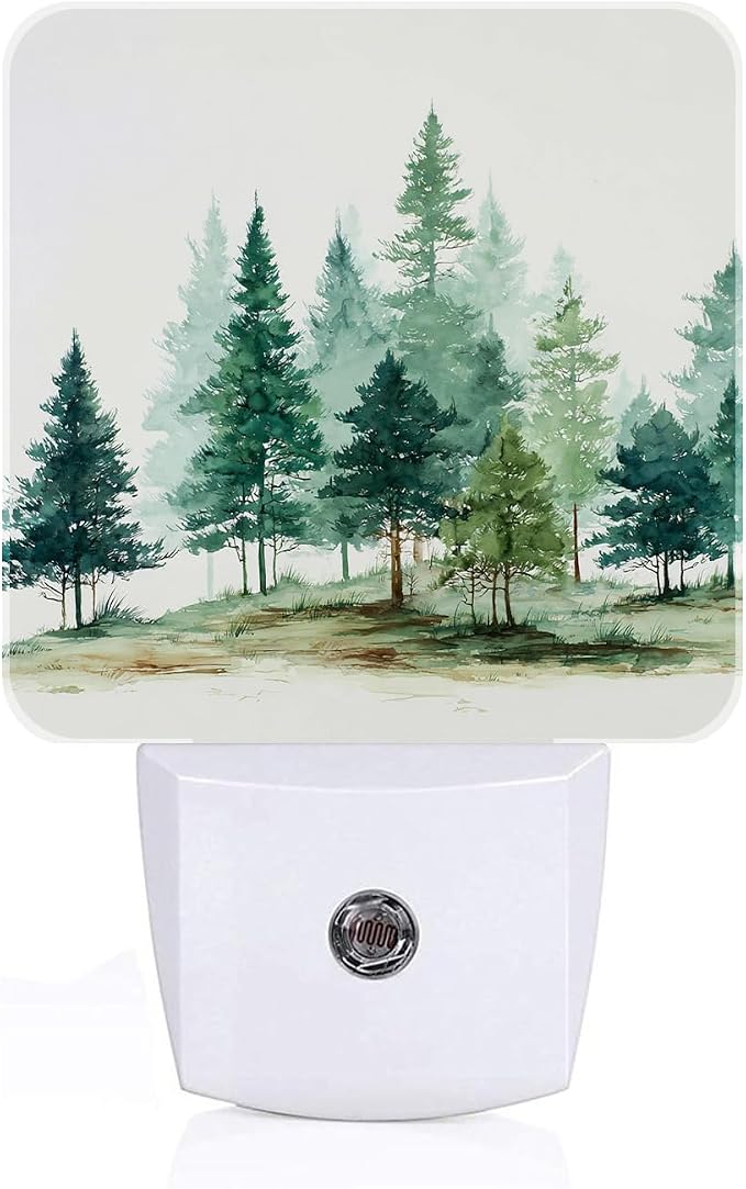 Watercolor Forest Night Light,Plug Into Wall for Boys Girls Bedroom Decorative Square Night Light Lamp 0.5w Sleep Friendly