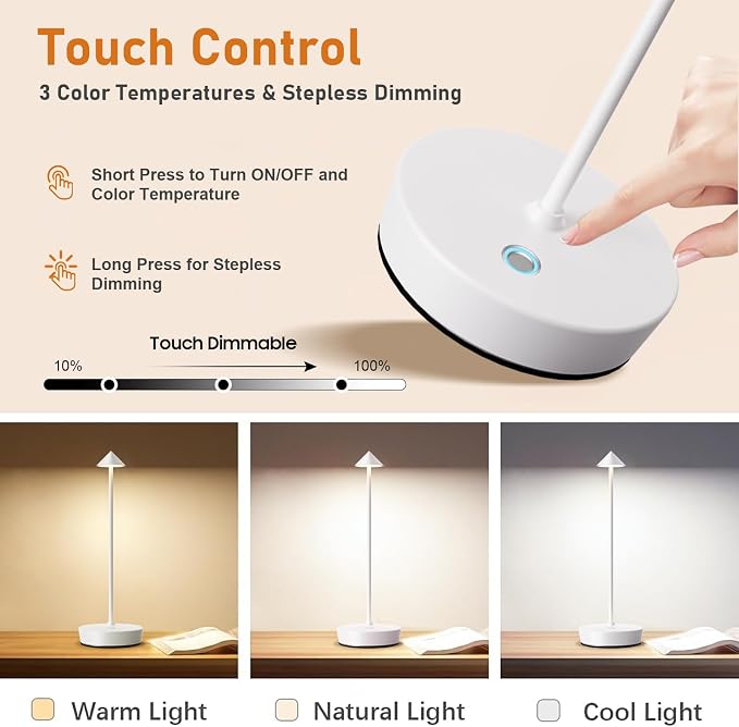 Set of 2 Cordless Rechargeable Led Table Lamp Battery Operated Light White | 6000mAh Touch 3 Color Dimming Portable Metal Outdoor Waterproof Light for Patio/Restaurant/Dining/Home
