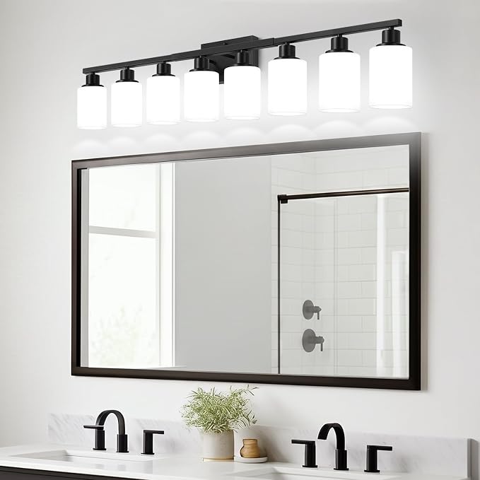 MOKATNG 8-Light Bathroom Light Fixtures, Vanity Light with Milky White Shades, Matte Black Bathroom Light Fixtures Over Mirror, Modern Bathroom Wall Lamp for Mirror Living Room Cabinet Bedroom