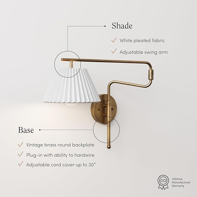 Nathan James Kai Modern Wall Mounted Plugin Bedside Reading Lamp with Pleated Shade, Vintaged Brass Finish, Set of 2