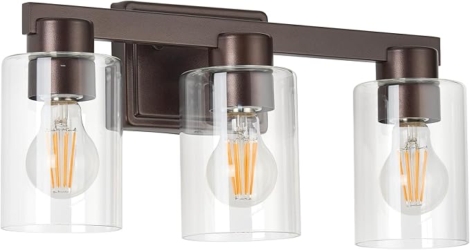 3-Light Bathroom Light Fixtures with Clear Glass, Oil Rubbed Bronze | Vanity Lights, Modern Wall Sconces, Over Mirror for Bathroom, Powder Room, Living Room