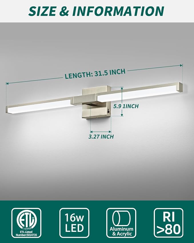 Modern Bathroom Light Fixtures Over Mirror, 32 Inch Brushed Nickel Vanity Light Bar for Bathroom, 16W 5CCT Diammable Wall Light - 2Pack