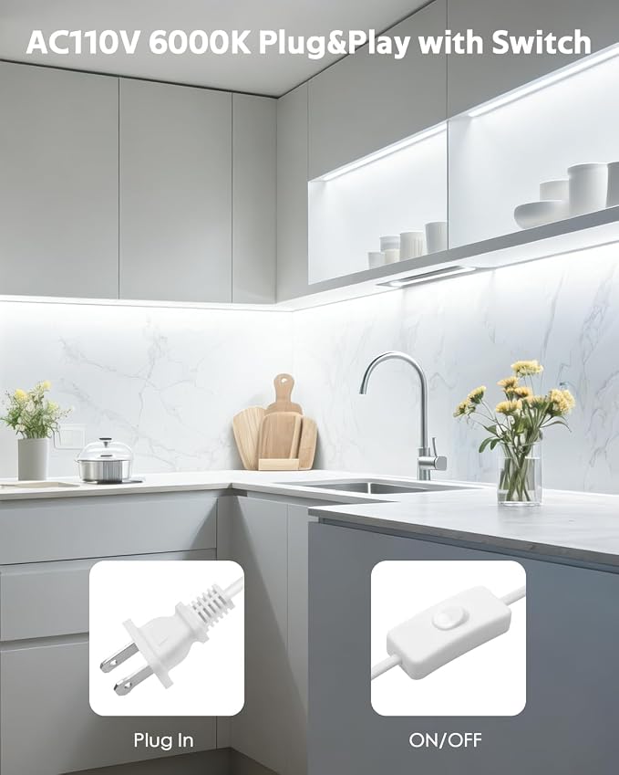 24in Under Cabinet Lighting Strip Plug in with Switch Self-Adhsive Waterproof AC 110V Led Strips Light Outdoor Daylight White 120LED/M Super Bright Flexible LED Tape lights for Bedroom Kitchen Counter