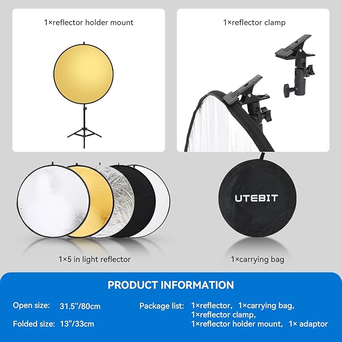 UTEBIT 31 Inch (80cm) Light Reflector Stand Kit Diffuser 5 in 1 Collapsible Multi Disc with Bag, 48 Inch Light Stand, Photography Reflector Holder-Translucent/Silver/Gold/White/Black