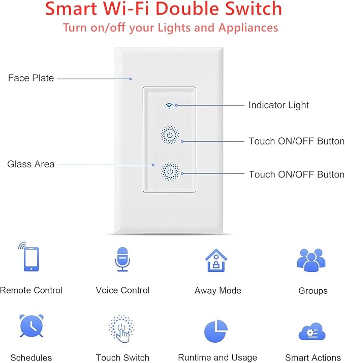 Nexete Smart Wi-Fi Double Light Switch, 2 in1 Single Pole Switch Compatible with Alexa Google Home,Voice Control, Timing Function,Neutral Wire Required(Double)