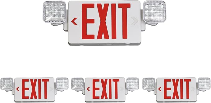Red LED Exit Sign with Emergency Lights, Battery Backup, UL Listed | 2 Adjustable Heads, Commercial Emergency Exit Sign Combo with Thermoplastic Housing, Hardwired 120V/277V AC, 90-Minute Backup