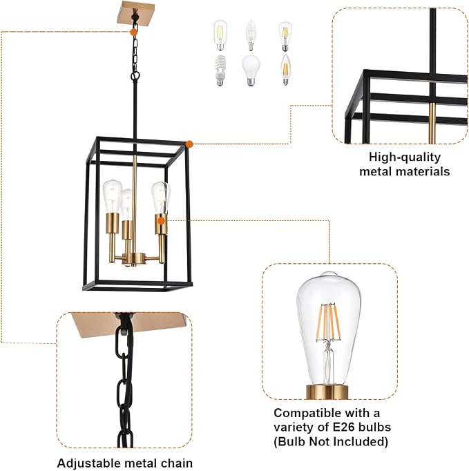 3 Light Vintage Industrial Pendant Light, Lantern Cage Chandelier in Black and Brushed Brass Finish Classic Hanging Kitchen Lighting for Foyer Dining Room Kitchen Island, Bedroom