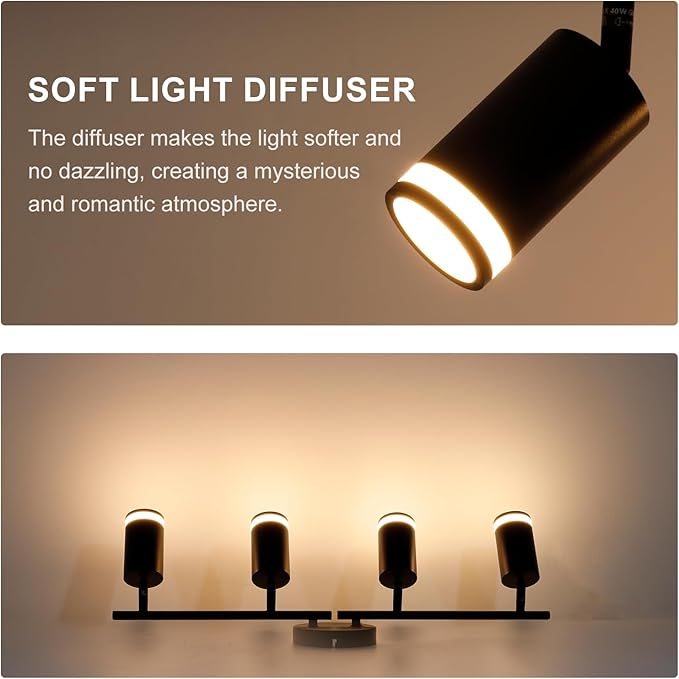 4-Light Track Lighting Fixtures Ceiling, GU10 Black Led Ceiling Spotlight, Modern Track Light Kit for Kitchen Bedroom Living Room