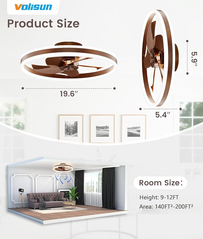 VOLISUN Low Profile Ceiling Fans with Lights and Remote, 20in Flush Mount Ceiling Fans with Light, 3000K-6500K Dimmable Fandelier LED Fan Light, Farmhouse Ceiling Fans with Lights for Bedroom