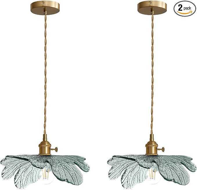 Gold Pendant Light Set of 2, Modern Hanging Ceiling Fixture with Dark Green Hand Blown Flower Glass Shade for Kitchen Island Dining Room Bedroom
