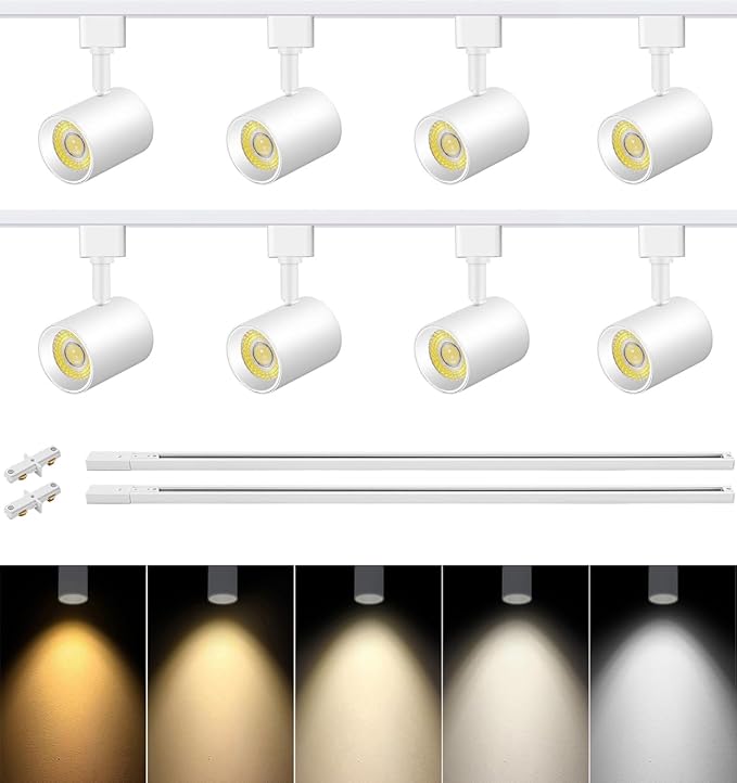VANoopee 5-Color 8-Light LED Track Lighting Kit with Track Rails, White | 6.6FT H Type Track Lighting Rail, Dimmable Heads, Modern Kitchen Track Lighting Fixtures Ceiling Spotlight, CRI90+ 10W 800lm