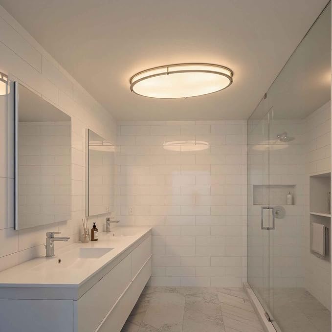 24 Inch Oval Brushed Nickel Ceiling Light-Flush Mount LED Ceiling Light 3000K/4000K/5000K Adjustable Brushed Nickel LED Bathroom Bedroom Lights 24” Kitchen Lamp, 32W, 2100LM, Steel and Polystyrene