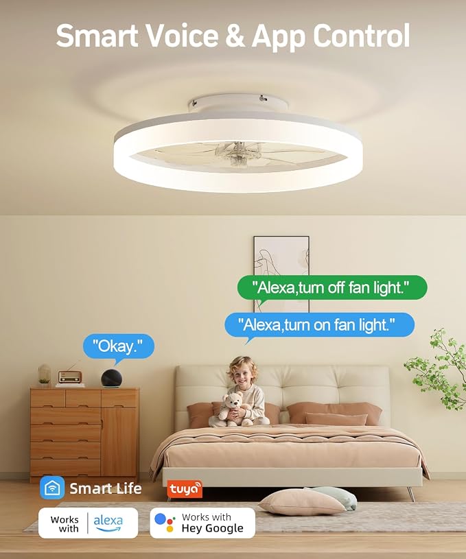 Smart Ceiling Fans with Light and Remote,20" Low Profile Ceiling Fan with 6-Speed & Dimmable LED, Alexa/APP Home Voice Control, App, Reversible Airflow, App Timer, for Bedroom（White）