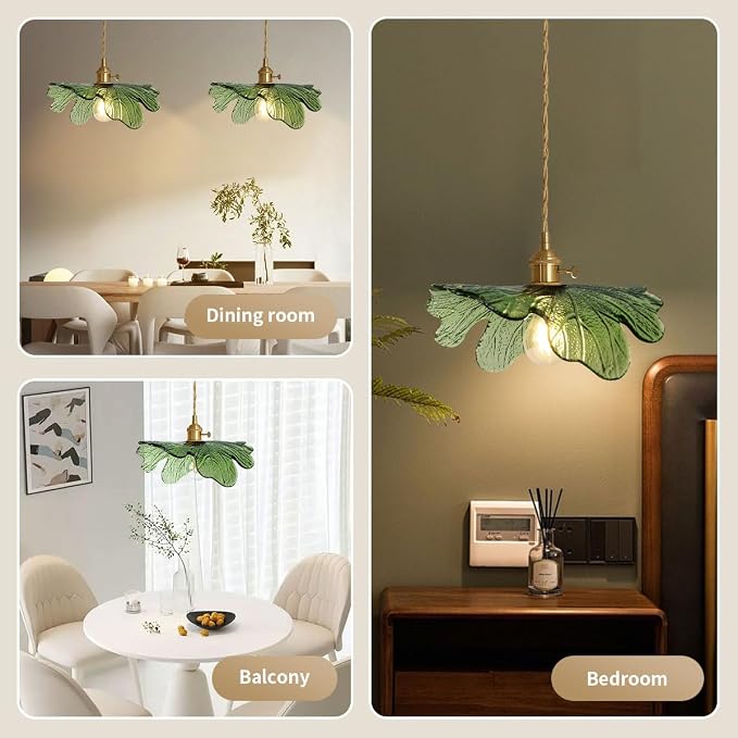Vintage Pendant Lights Green Glass Pendant Lighting Kitchen Island Hand Blown 1-Light Brass Pendant Light Farmhouse Hanging Light fixtures with Glass Shade for Dining Room Bedroom