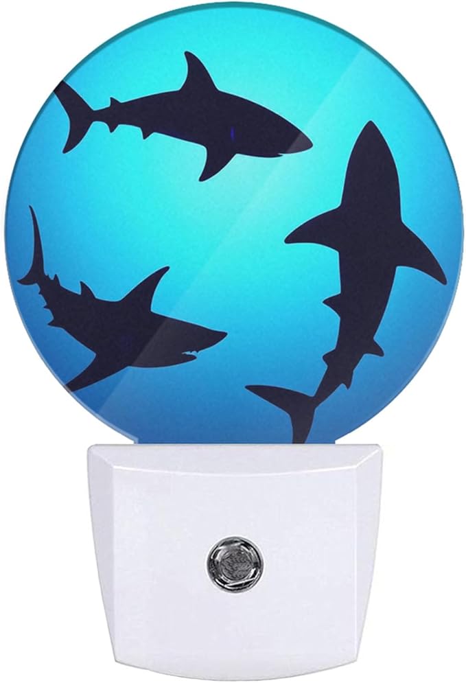Plug-in Floating Sharks Night Light Ocean Blue Nightlight with Dusk to Dawn Sensor, Auto On/Off 0.5W Energy-Saving LED Lighting for Men Women Boys Girls Gift