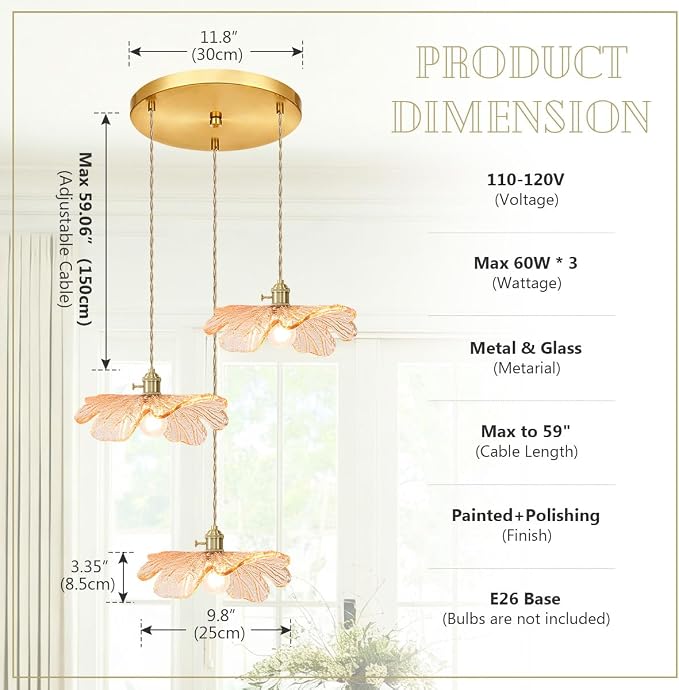 Amber Glass Pendant Chandelier, 3-Light Gold Brass Modern Light Fixture for Kitchen Island, Dining Table, Hallway & Entryway