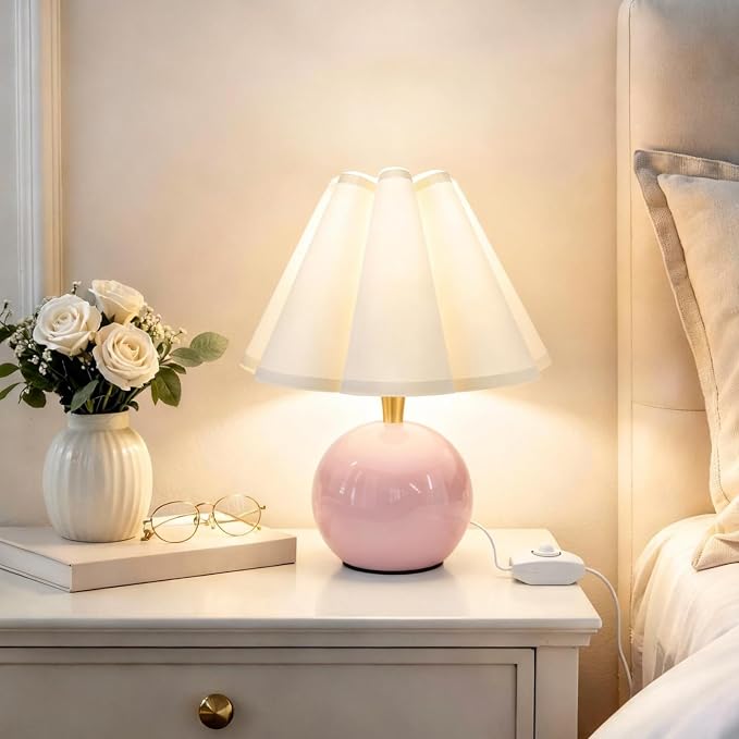 Small Bedside Table Lamp, 11.8'' Ceramic Stepless Dimmable Lamp (Pink) | with scalloped fabric shade for nightstand & living room. Perfect for quiet nights to create a cozy, relaxing atmosphere