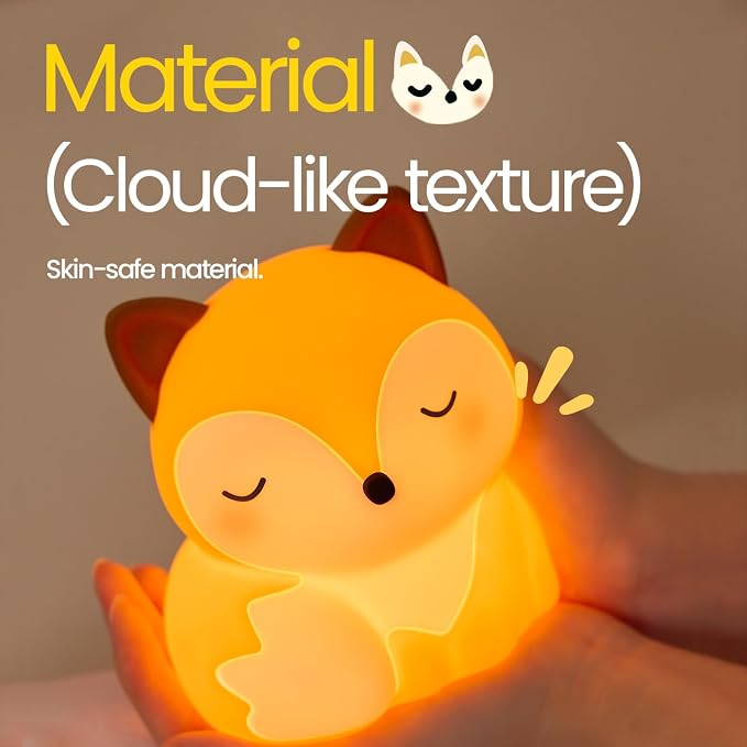 Fox Night Light Silicone Squishy Animal Lamp with 30 Min Auto Timer | 3 Level Dimmable Bedside Nightlight with Tap Control Office Desk Ambient Lamp Unique White Elephant Gifts