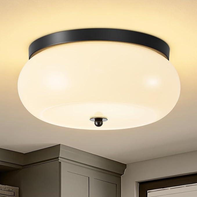 2-Light Black Ceiling Light, 11.02 in Milky White Glass Shade | Mid-Century Modern Metal Base, E26 Ceramic socket, Hallway, Kitchen, Bedroom, Bulb Not Included