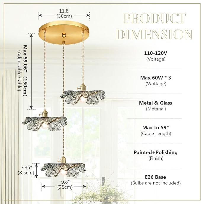 Gold Brass Chandelier 3-Light Retro Hanging Pendant Light Fixtures Dark Green Glass Shade Mid Century Modern Chandelier for Dining Room Farmhouse Living Room