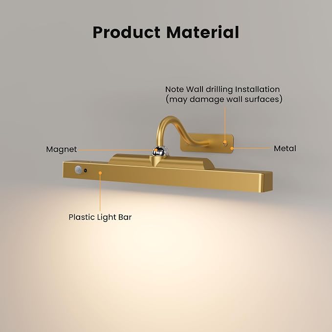Rechargeable Motion Sensor Picture Light for Wall, 12 Inch, Brass, 1 Pack | Cordless, Magnetic Detachable Bar, Remote Control, 3CCT Dimmable, 4400mAh, for Artworks Paintings