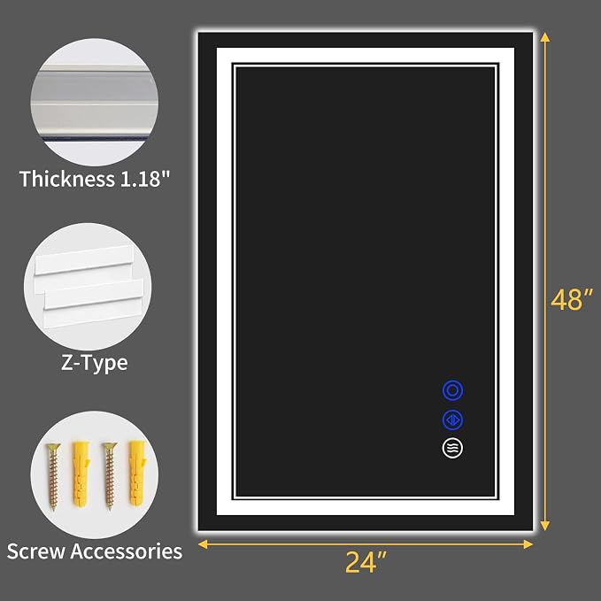 48"x24" LED Bathroom Mirror with Lights,Anti-Fog,3 Color Modes