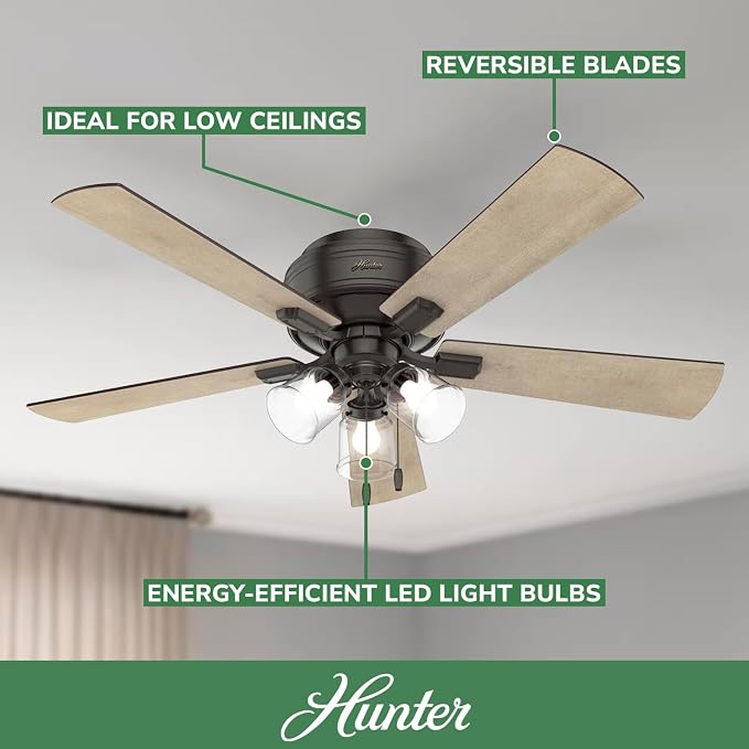 Hunter Crestfield, Indoor, Ceiling Fan, Quiet, 52 inch, Noble Bronze | with LED Lights and Pull Chain, Low Profile Flush Mount, 5 Blades, For Bedroom, Living Room, Kitchen, 54208