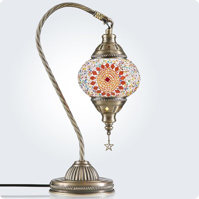 Yarra-Decor Turkish Moroccan Lamp with Bronze Base 3 Color Options Handmade Swan Neck Mosaic Glass Bedside Lamps for Bedroom (LED Bulb Included)(Orange1)