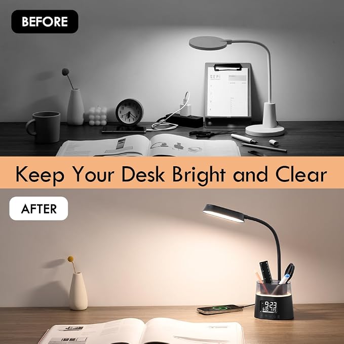 WILIT LED Kids Desk Lamp, Dimmable Study Lamp for Home Office Desk Accessories, with Pen Holder & Clock, USB Charging Port, RGB Night Light, Bedroom & College Dorm Room Essentials for Girls - Black