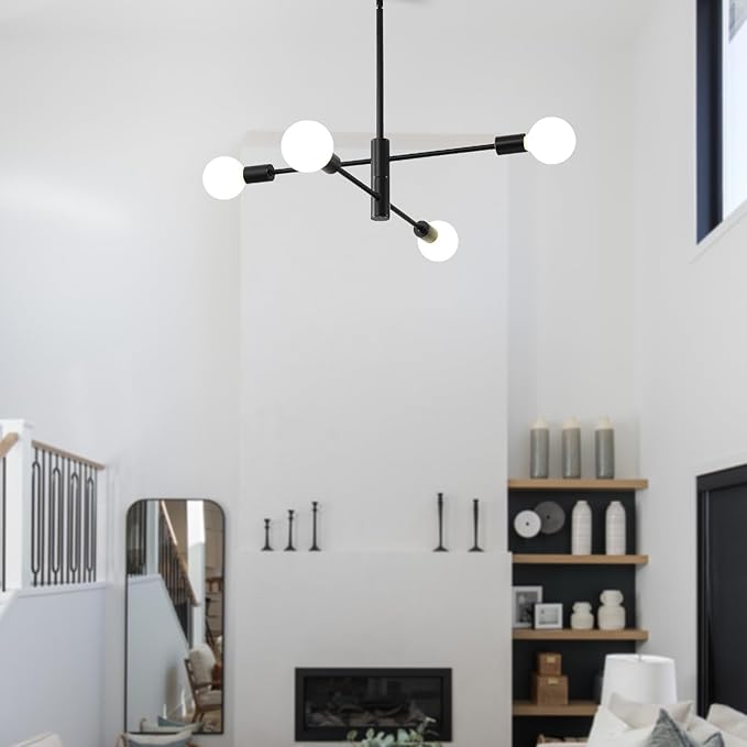 HHR 4-Light Sputnik Chandelier, Black Modern Chandelier Ceiling Light Fixture, Height Adjustable Chandeliers for Dining Room Kitchen Island, Mid Century Pendant Lighting for Living Room