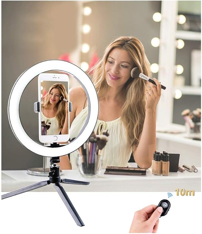 Ring Light with Stand OEBLD Dimmable Desk Selfie Ring Light with Phone Holder for Video Photography Remote Control for Makeup Live Streaming YouTube Lighting (D(10.2''Ring Light & Tripod))