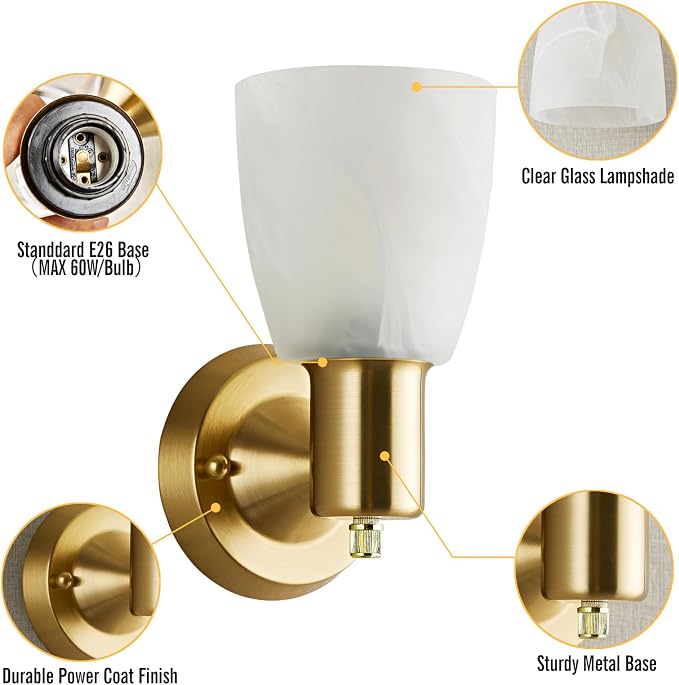 EJIAXIN Wall Sconces Set of 2, Gold Vanity Lights for Bathroom, Modern Wall Light Fixtures with Rotary Switch, Wall Mount Light with Frosted Glass, Farmhouse Lamp for Bedroom Living Room