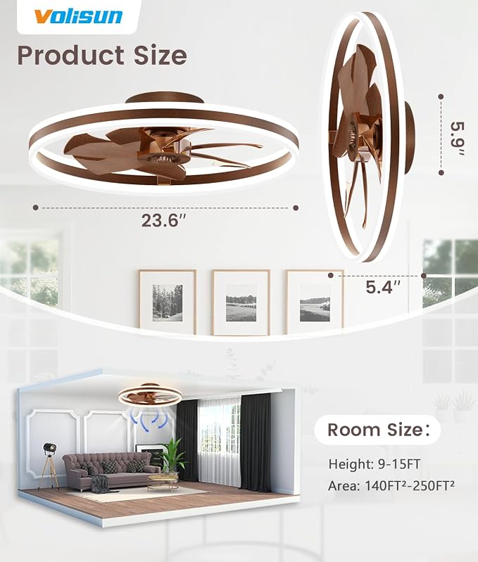 VOLISUN Low Profile Ceiling Fans with Lights and Remote, 24in Flush Mount Ceiling Fans with Light, 3000K-6500K Dimmable Fandelier LED Fan Light, Farmhouse Ceiling Fans with Lights for Bedroom