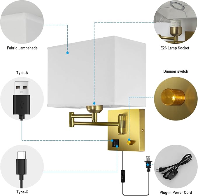 Plug in Swing Arm Wall Sconce, Wall Lights for Living Room | Wall Lamp with USB C+A Charging Ports, Adjustable Swing Arm 270°, Adjustable Color Temperature, Wall Mount Lamp for Bedroom