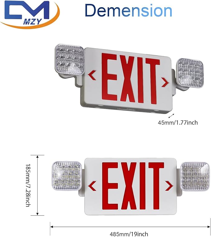 Red LED Exit Sign Emergency Light Combo, UL Listed Battery Backup | UL-listed commercial fire exit sign features 90-min battery backup, 360° rotating dual heads, and easy dual-mount setup.