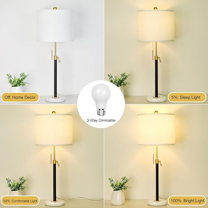 Table Lamps for Bedrooms Set of 2, 22" to 30" Height Adjustable Nightstand Lamps with Linen Shade, Pull Chain Switch Lamps for Living Room, 3 Way Dimmable Bedside Lamp