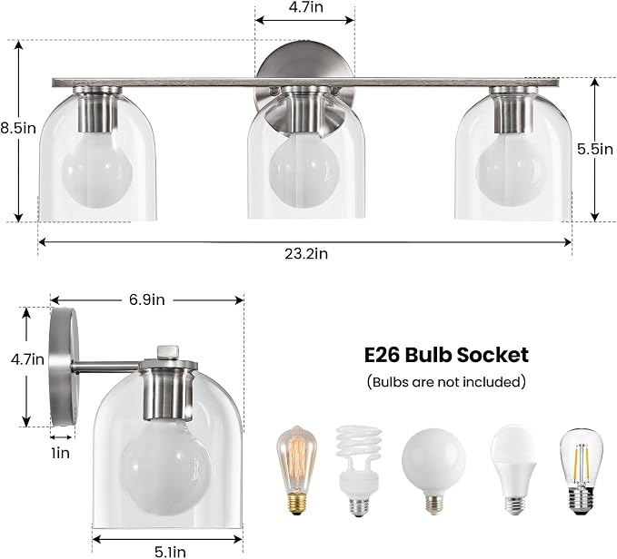 WOSHITU Bathroom Vanity Light Fixtures: 23.3 Inch Modern Brushed Nickel Bathroom Vanity Lights Over Mirror with Clear Glass Shade, 3-Light Farmhouse Vanity Lights Fixture