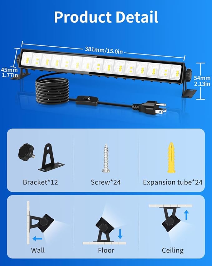IP66 Waterproof 45W LED Shop Lights, 5400LM 6000K Daylight White Garage Light with 6FT Power Cord & Switch, Plug in LED Work Light for Garage, Workshop, Warehouses, Basement, Yard, 6 Pack