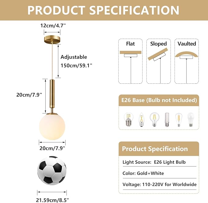 KCO Lighting Modern Globe Pendant Lights Kitchen Island Lighting White and Gold Pendant Light Single Pendant Lighting Frosted Glass Hanging Light Brass Vintage Ceiling Light Fixture