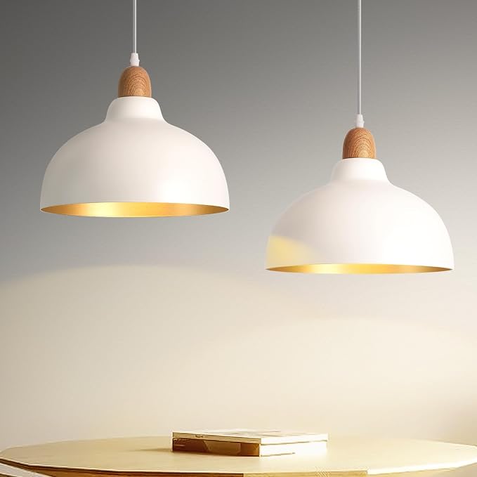 11.8" White Morden Pendant Light Kitchen Island Dome Pendant Light Fixtures, Farmhouse White and Wood Hanging Pendant Lights Kitchen Island, Dome Chandelier for Kitchen Island Dining Room