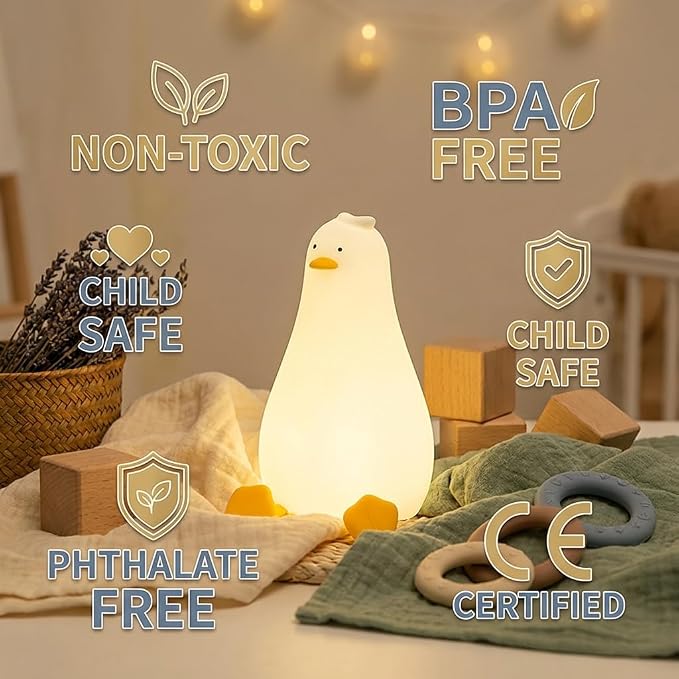 Duck Night Light, Soft Squishy Silicone Kids Nightlight, Lying Flat 3 Level Dimmable Touch Lamp with Timer, 1200mAh USB Rechargeable Baby Nursery Lamp,Xmas Gifts Kawaii Bedroom Decor