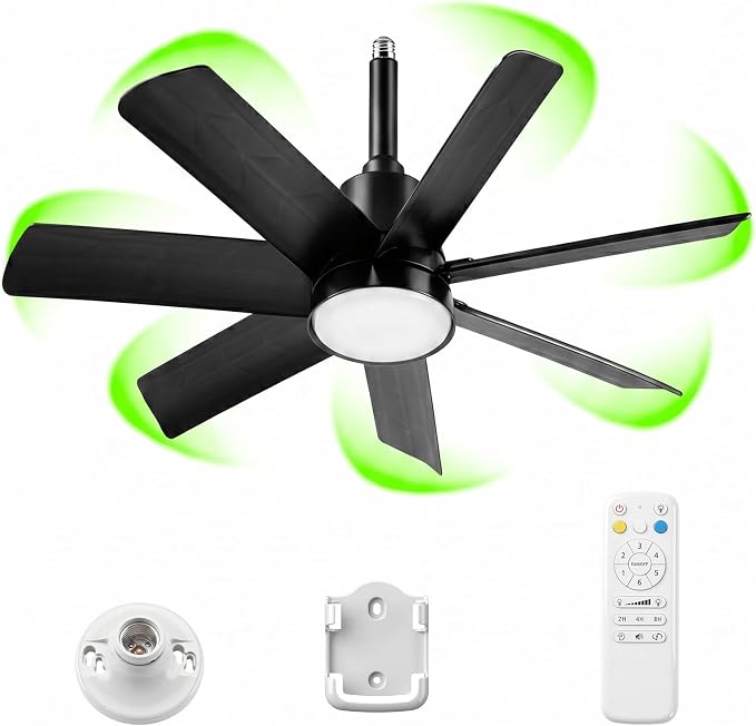28 Inch Socket Fan Light with Remote Control, Screw in E26/E27 Ceiling Fan with LED Light, 3000-6000K Dimmable Color Temp, 6 Speeds, Timer, for Bedroom Kitchen Living Room Garage, Black