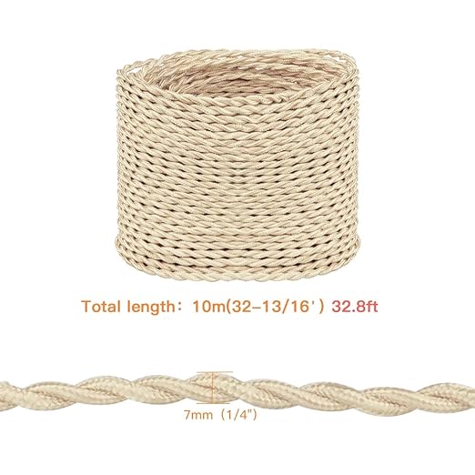 Helunsi 32.8ft Twisted Cloth Covered Wire - Champagne Gold 18/2 Electrical Lamp Cord, 18 Gauge 2-Conductor Fabric Cord for DIY Projects