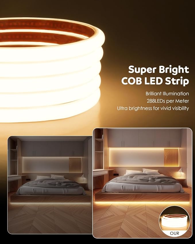 Aclorol COB LED Strip Light 110V 120V 6FT LED Light Strip Warm White 3000K with Self-Adhesive Super Bright 576LEDs Flexible Rope Lights for Kitchen Cabinets Closet DIY Lighting Project CRI90+ IP67