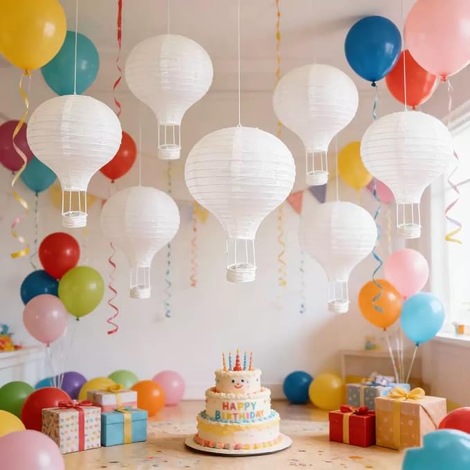 (6 Packs) 12-Inch White Paper Lanterns Decorative Chinese/Japanese Hanging Round Paper Lanterns Lamp for Birthday, Wedding, Christmas Xmas, Bridal, Home Decor, Party Decoration (hot air balloon)
