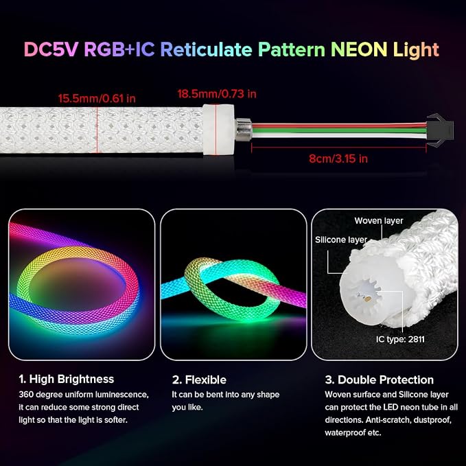 BTF-LIGHTING 6.5FT WS2811 WS2812B IC RGB DC5V 360 Degree Round Reticulate Chasing Color Neon LED Strip Kit Bluetooth Controller Flexible Silicone IP67 Waterproof Rope Light for Home Decor(No Adapter)